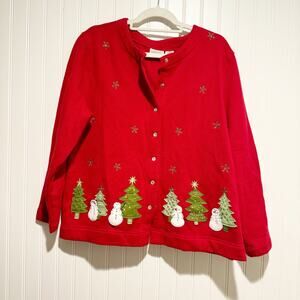 Classic Elements Red Christmas Tree Snowman Cardigan Sweatshirt Large Petite